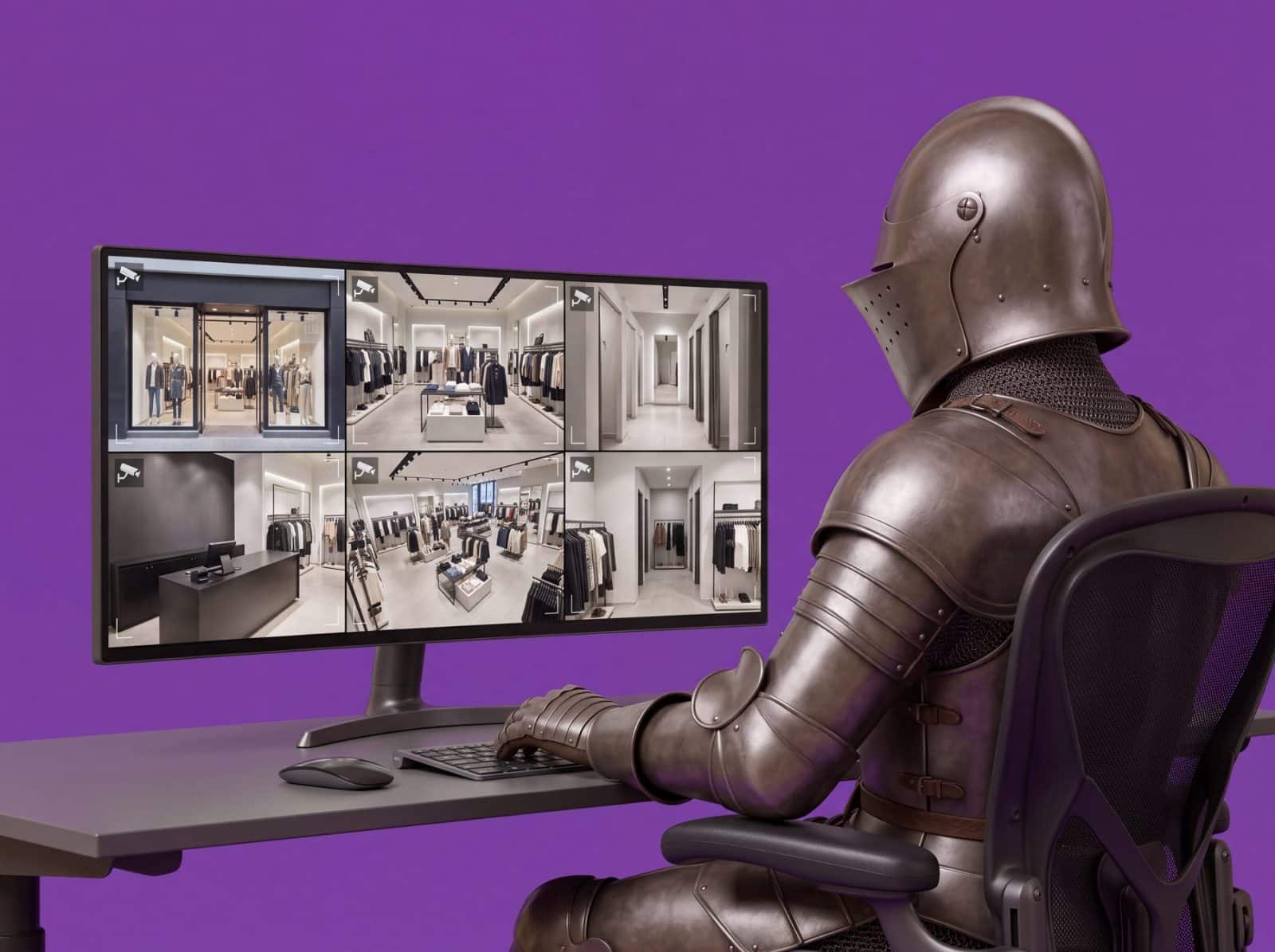 Ridder aan een bureau met camerabeelden op meerdere schermen