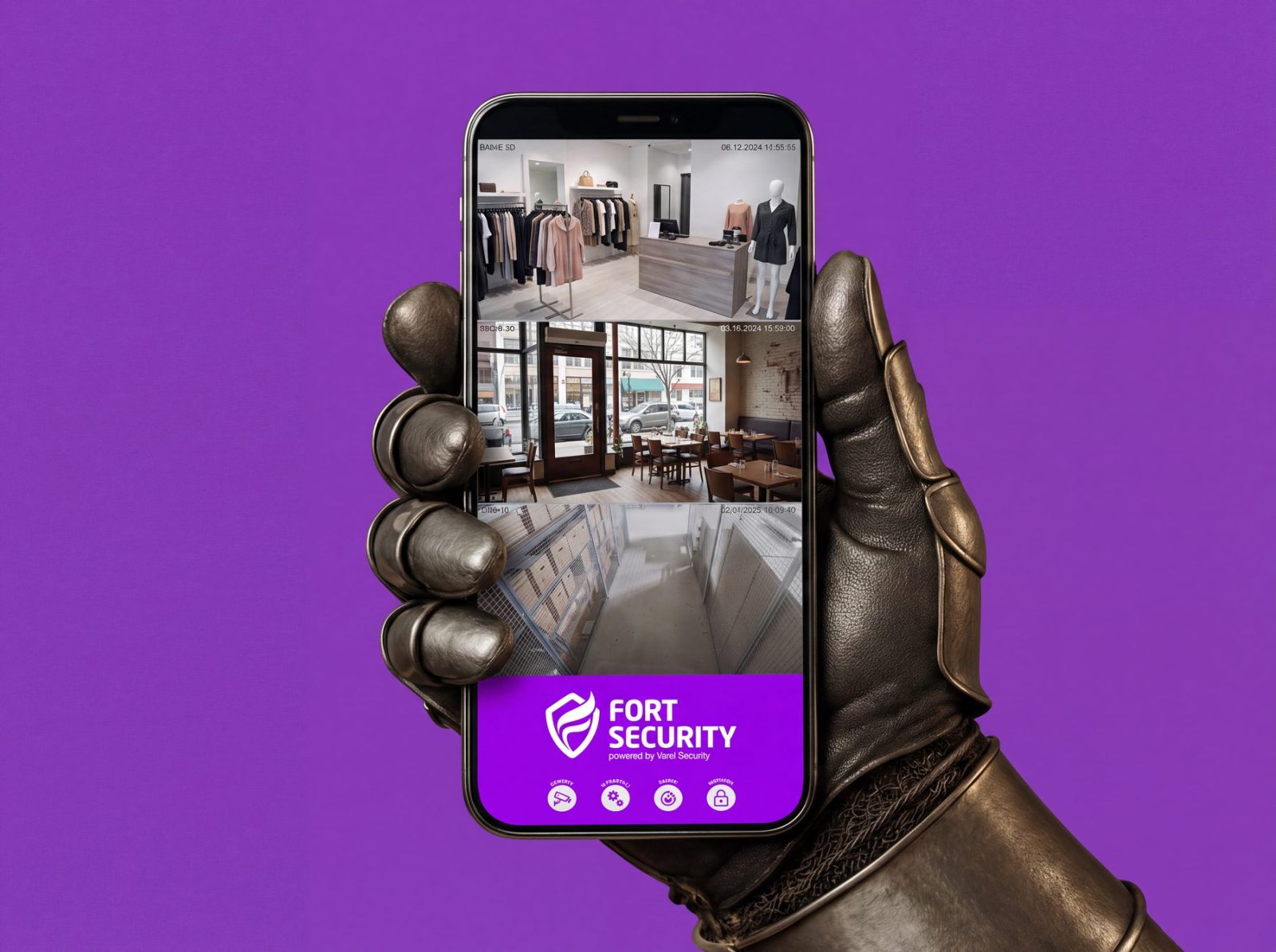 Geharnaste hand houdt een smartphone met de Fort Security-app vast