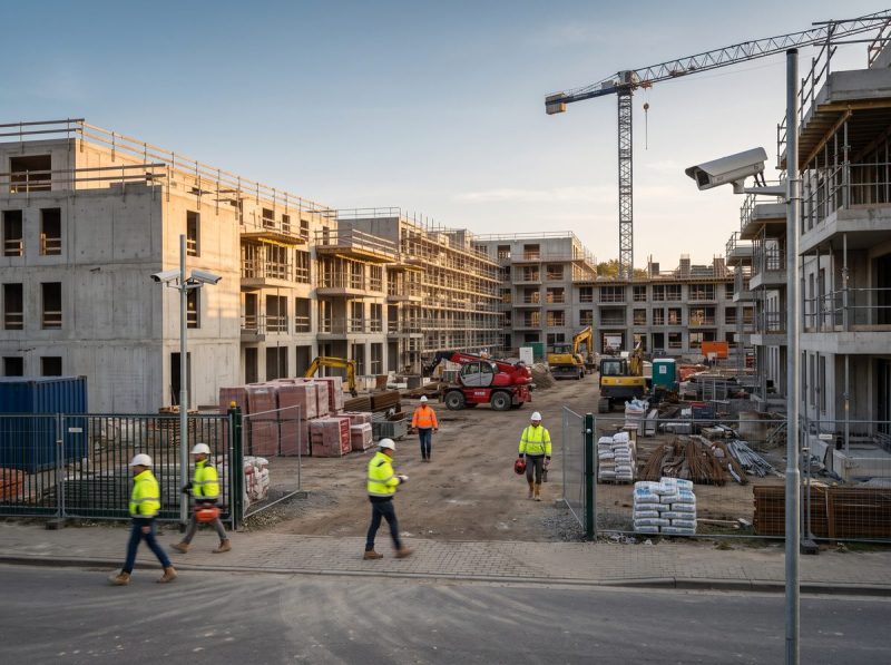 Bouwwerf met stellingen en arbeiders in veiligheidskledij