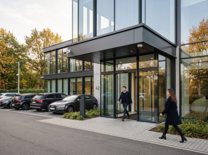 Kantoorgebouw met glazen gevel en parkeerplaats