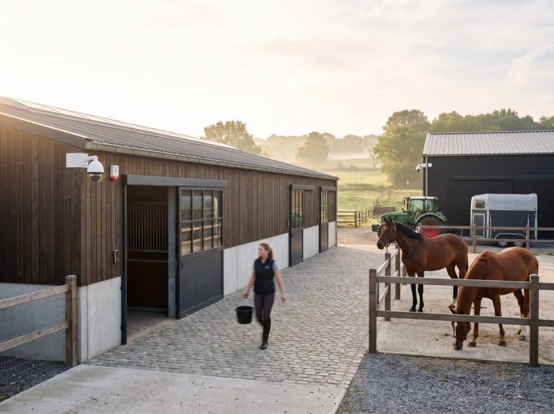 Paardenstal met camerabewaking, paarden in de weide