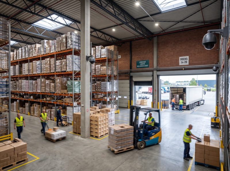 Magazijn met laadkade, palletwagens en medewerkers