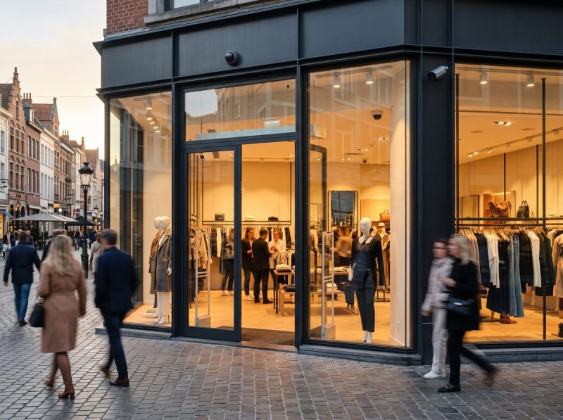 Winkelstraat met verlichte etalage en klanten